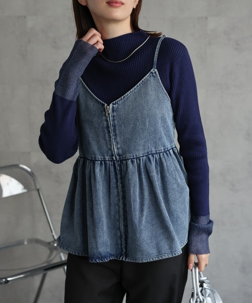 キャミソール 「選べるサイズ」デニムビスチェ/ケミカル加工/フロントジップ