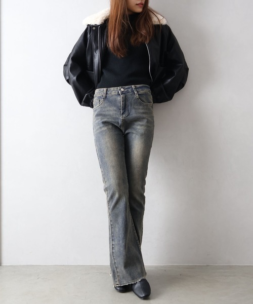 綺麗❤️フレアパンツ トルネードマート ストレッチデニム グレー LADIES'】TORNADO MART∴トリコットリブイージーフレアパンツ