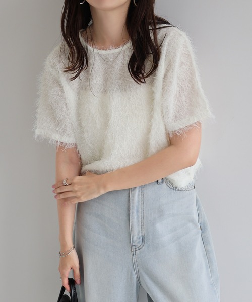 andme（アンドミー） tシャツ 半袖 シアーフリンジ半袖Tシャツブラウス 