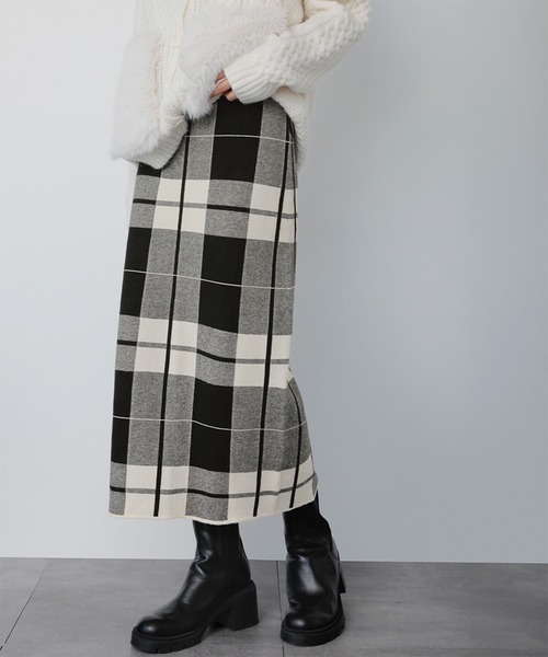 ELFRANK スカート 「新色追加」チェック ニット ナロースカート ニット