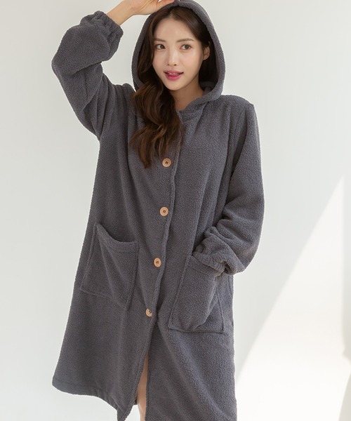 パジャマ ルームワンピース レディース ワンピース ミモレ丈 長袖 ロング丈 ふんわり かわいい パジャマ もこもこ ゆったり 前開き 秋冬 部屋着 ルームウェア DAY CLOSET パジャマ ルームウェア レディース 長袖フード前開き