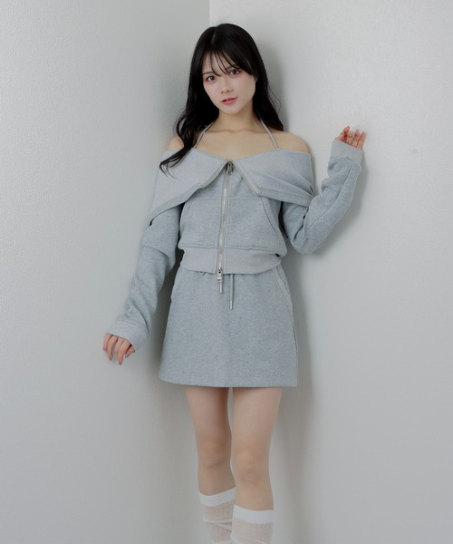 M DOLLY パーカー off shoulder zip hoodie tops/オフショルダージップ
