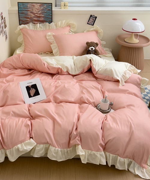 ベッド 寝具 フリルバイカラーガーリーベッドカバー3点セット