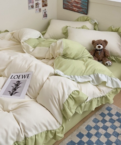 ベッド 寝具 フリルバイカラーガーリーベッドカバー3点セット