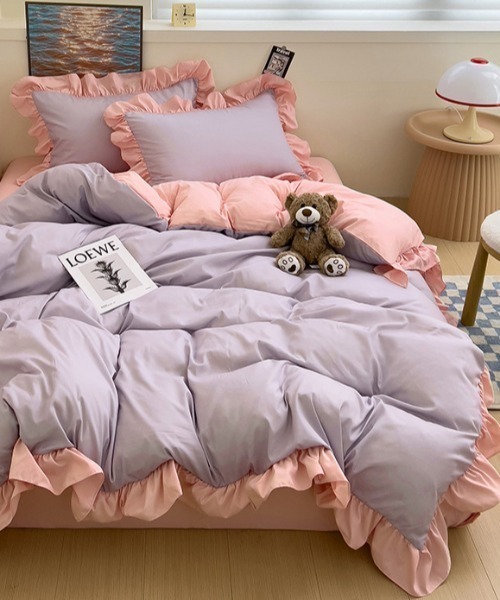 ベッド 寝具 フリルバイカラーガーリーベッドカバー3点セット