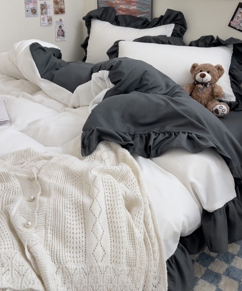 ベッド 寝具 フリルバイカラーガーリーベッドカバー3点セット