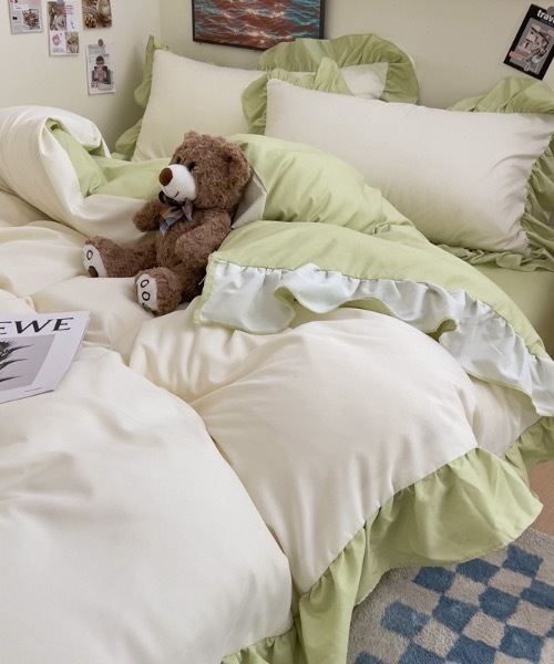 ベッド 寝具 フリルバイカラーガーリーベッドカバー3点セット