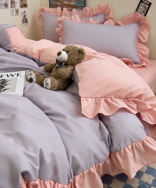 ベッド 寝具 フリルバイカラーガーリーベッドカバー3点セット
