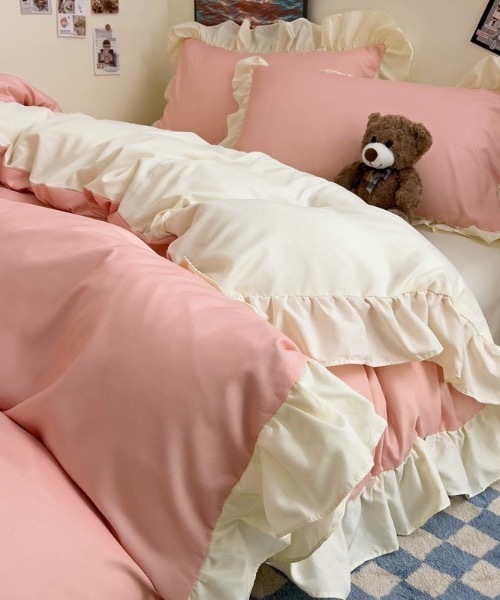 新品未使用フリル付きピローシャム2点 10mois ディモワ イブルフリルビッグピロー エクリュ モカブラウン