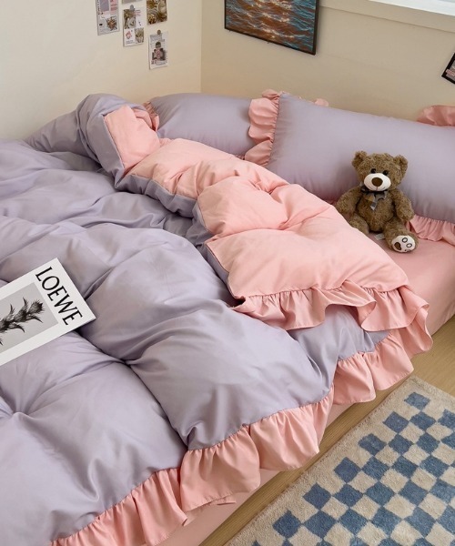 ベッド 寝具 フリルバイカラーガーリーベッドカバー3点セット