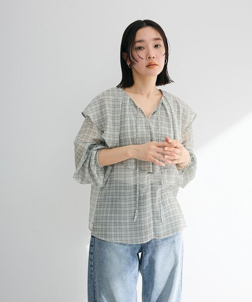 ブラウス シャツ 「WEB限定」コットンチェックフリルブラウス レディース Green Parks ブラウス シャツ チェックシアーフリルブラウス