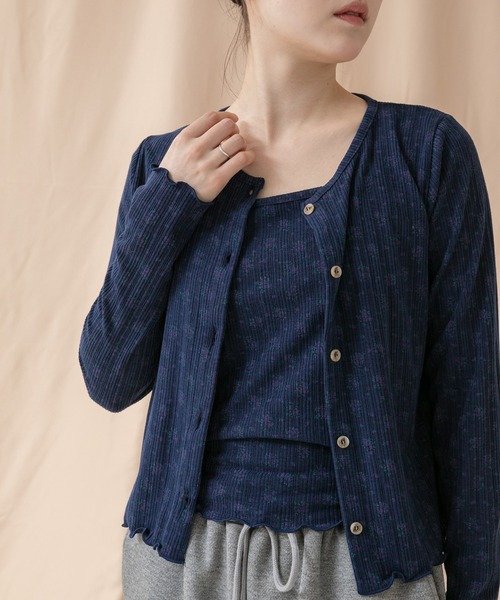 専用　ネイビー花柄ロングスリーブと青カーディガンセット HEILIS（ヘイリス） カーディガン 花柄アンサンブルカーディガン