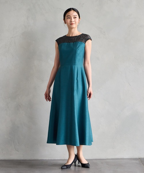 パーティードレス ドレス リリアン刺繍×シャンタン フレンチスリーブフレアパーティードレス　結婚式　お呼ばれ　ドレス　20代 30代の画像