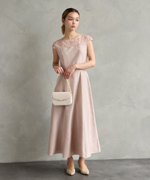 パーティードレス ドレス リリアン刺繍×シャンタン フレンチスリーブフレアパーティードレス　結婚式　お呼ばれ　ドレス　20代 30代の画像