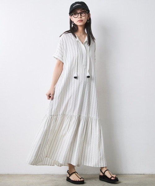 ワンピース ストライプフレンチスリーブロングワンピース「大きいサイズ有」シックスタイルの画像
