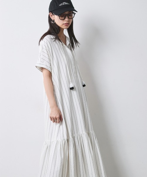 ワンピース ストライプフレンチスリーブロングワンピース「大きいサイズ有」シックスタイルの画像