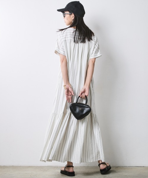 ワンピース ストライプフレンチスリーブロングワンピース「大きいサイズ有」シックスタイルの画像