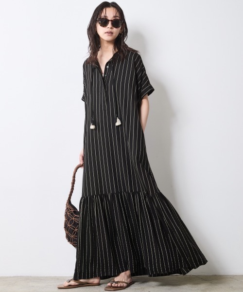【12月スーパーSALE 15％OFF】 CHIC STYLE ワンピース ストライプフレンチスリーブロング ワンピース