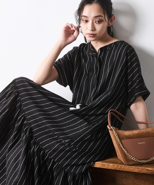 ワンピース ストライプフレンチスリーブロングワンピース「大きいサイズ有」シックスタイルの画像