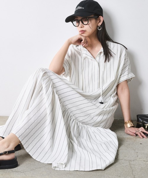 ワンピース ストライプフレンチスリーブロングワンピース「大きいサイズ有」シックスタイルの画像