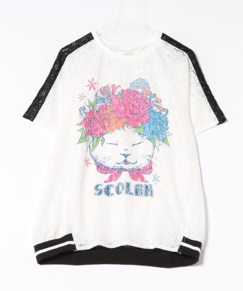 ScoLar tシャツ 152648：花ネコ柄レースTシャツ レディース