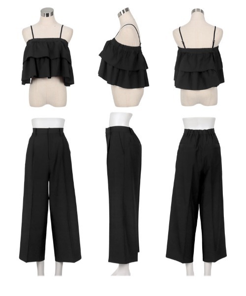 ★全2色★セットアップ フリル キャミソール ワイドパンツ デニム フリル キャミ ワイドパンツ セットアップ◇ 全2色