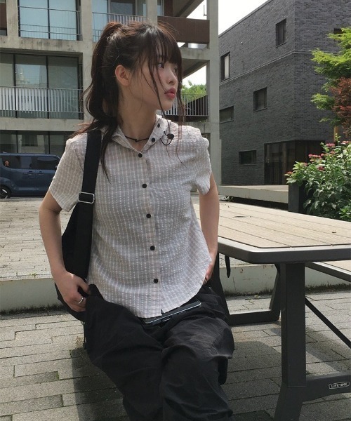 anyonemore ブラウス シャツ サッカーギンガムチェックサマーフード