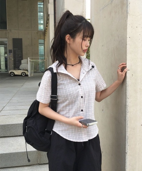 anyonemore ブラウス シャツ サッカーギンガムチェックサマーフード