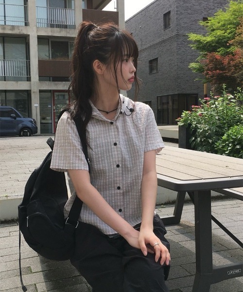 anyonemore ブラウス シャツ サッカーギンガムチェックサマーフード