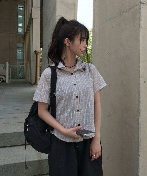 yori ギンガムチェック襟 半袖Tシャツ F yori ギンガムチェック襟 半袖Tシャツ F