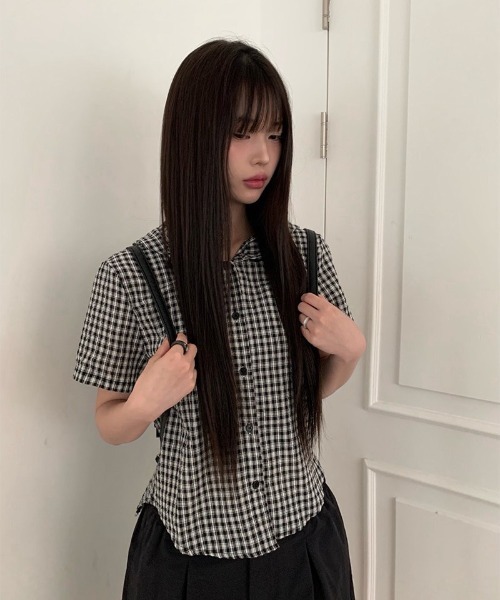 anyonemore ブラウス シャツ サッカーギンガムチェックサマーフード