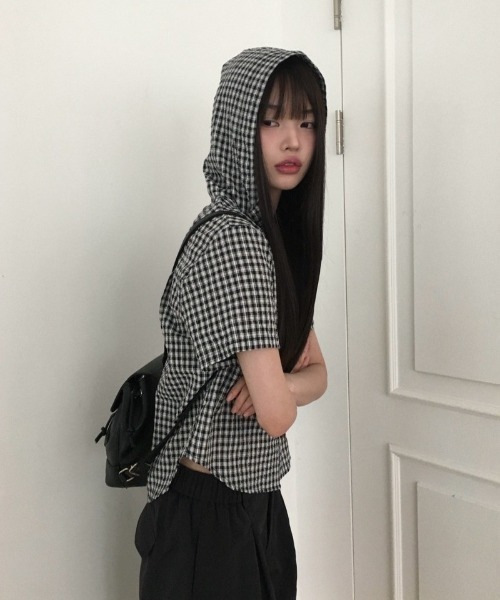 anyonemore ブラウス シャツ サッカーギンガムチェックサマーフード