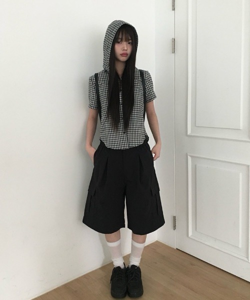 anyonemore ブラウス シャツ サッカーギンガムチェックサマーフード