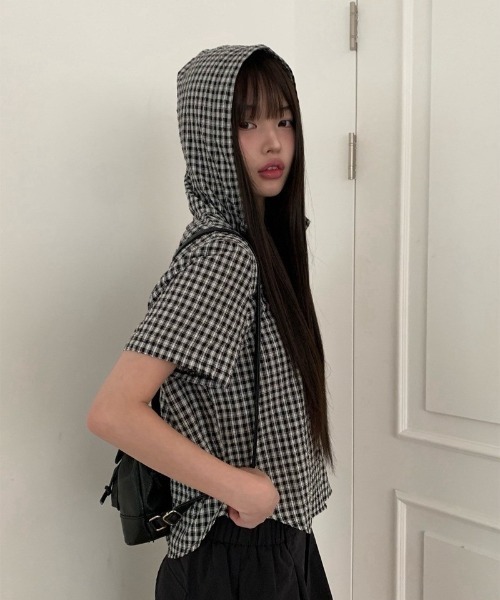 anyonemore ブラウス シャツ サッカーギンガムチェックサマーフード