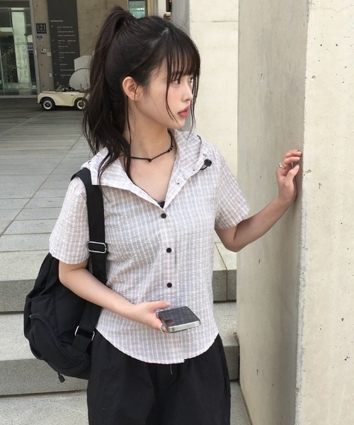 anyonemore ブラウス シャツ サッカーギンガムチェックサマーフード