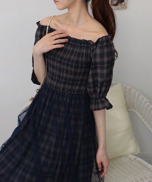 ブラウン系チェック 半袖カットソーワンピース pumpkin port ワンピース 重ねチュール チェック柄 半袖ロング