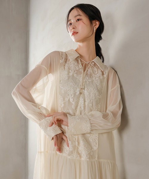 Kana ドレス 刺繍レース 襟 シアー ティアード ワンピース パーティー