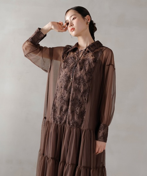 Kana ドレス 刺繍レース 襟 シアー ティアード ワンピース ドレス