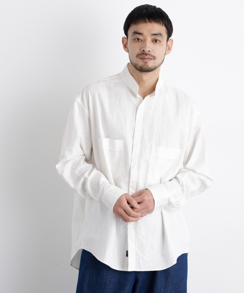 NOWOS 刺繍入りリネン長袖シャツ LAOTOUR 麻100％ フレンチリネン プルオーバー長袖シャツ コリアシャツ