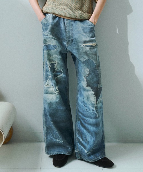 【気まぐれお値下げ中】soerte トロンプルイユディストレストデニムパンツ soerte ジーンズ Trompe-l'oeil Distressed Denim Pants