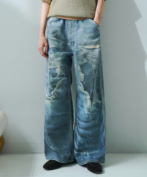 soerte ジーンズ Trompe-l'oeil Distressed Denim Pants