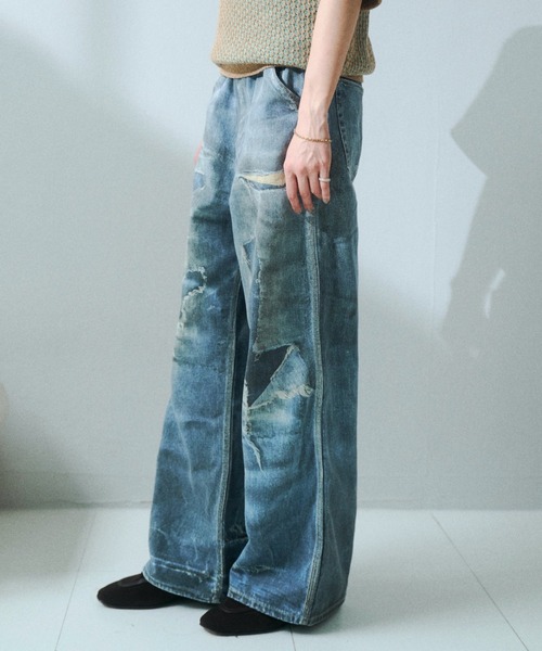 soerte ジーンズ Trompe-l'oeil Distressed Denim Pants