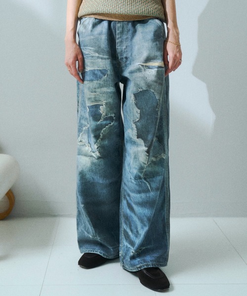 soerte ジーンズ Trompe-l'oeil Distressed Denim Pants