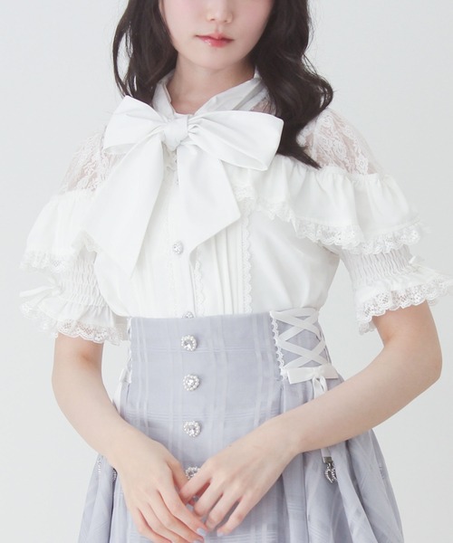 DearMyLove ブラウス シャツ 上品レースフリルボウタイリボンブラウス