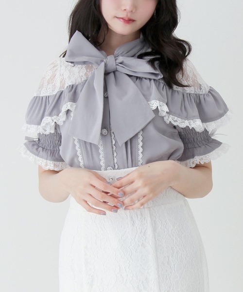 DearMyLove ブラウス シャツ 半袖 上品レースフリルボウタイリボン