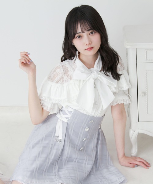 アイボリー フリル リボン ゴスロリブラウス DearMyLove ブラウス シャツ 半袖 上品レースフリルボウタイリボン