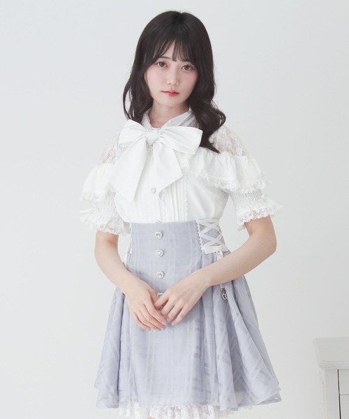 DearMyLove ブラウス シャツ 半袖 上品レースフリルボウタイリボン 