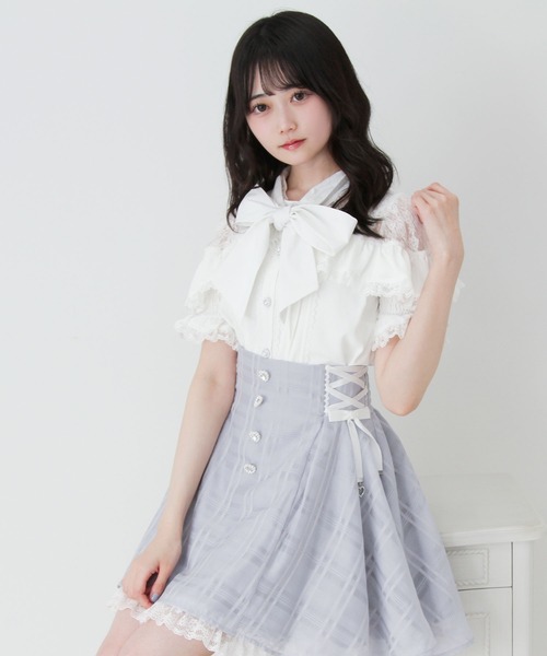 DearMyLove ブラウス シャツ 上品レースフリルボウタイリボンブラウス