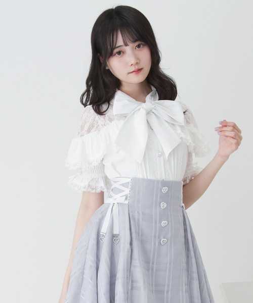 DearMyLove ブラウス シャツ 上品レースフリルボウタイリボンブラウス