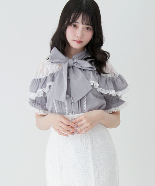 DearMyLove ブラウス シャツ 上品レースフリルボウタイリボンブラウス